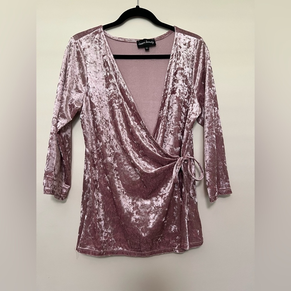 Inner Beauty Crushed‎ Velvet Wrap Dress - Pink, XL - party holiday